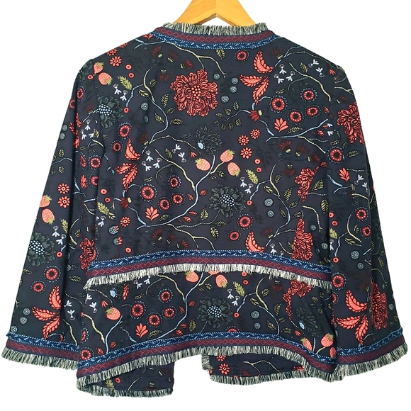 GUC LOFT Dark Navy Floral Strawberry Fringed Hem Open Cropped Boho Jack… - Picture 2 of 13